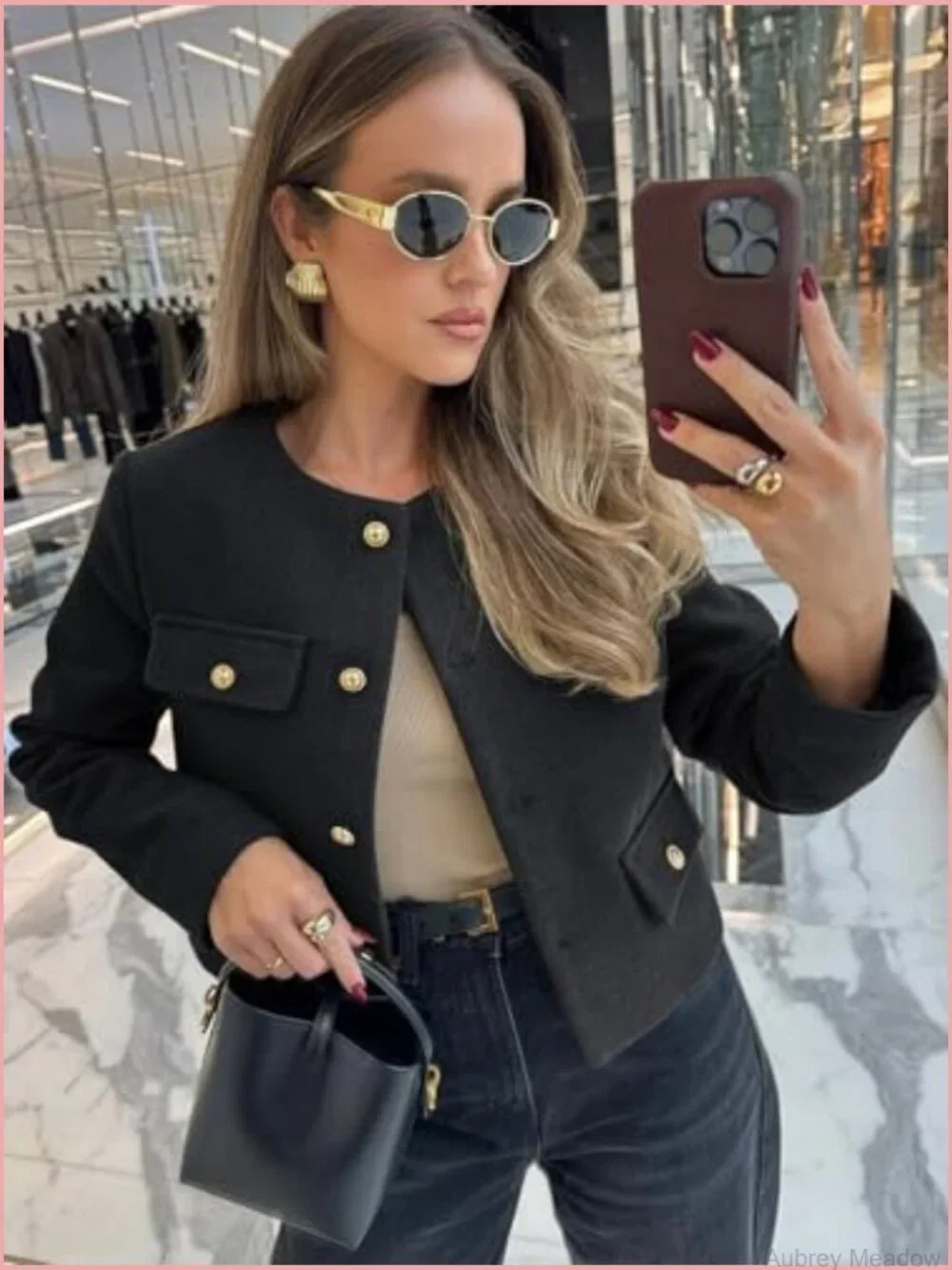Cropped Tweed Blazer Jacket Collarless Button Down Business Casual Winter Coat